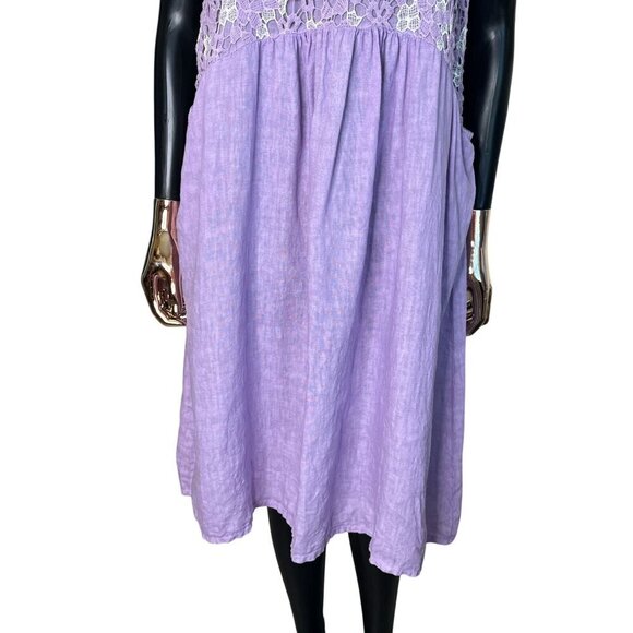 100% Lino Made in Italy Lilac Linen Midi Dress w/ Lace Top & Pockets - Picture 8 of 10